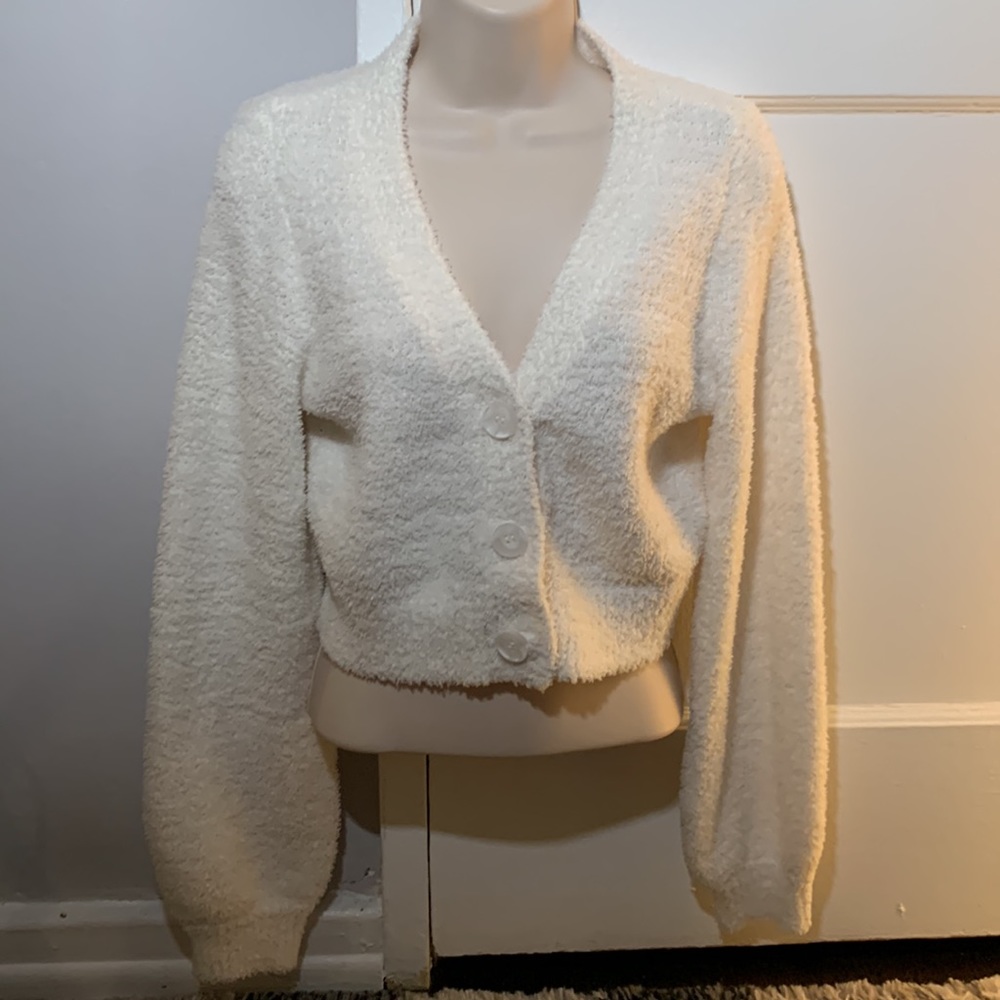 Cotton Candy LA White Cardigan Fuzzy Furry Soft Button Up Sweater Cozy Cute